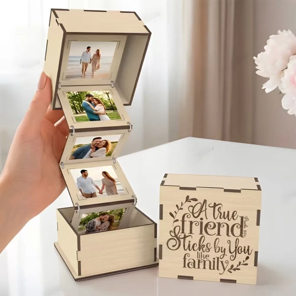 Multi-functional Folding Wooden Photo Storage Box Rustic Handmade Photo Album Box Vintage Pull Out Photo Album Birthday Gift