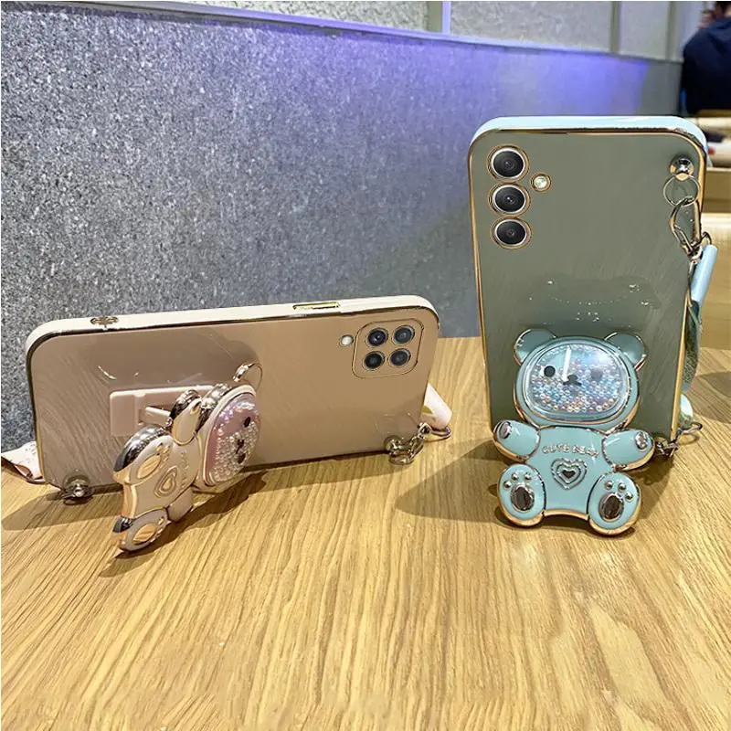 Quicksand Bear Holder Lanyard Phone Case For Samsung Galaxy A05 A05S A14 A54 A04 A34 A24 M14 4G 5G Strap Stand Cover