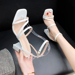 Fashion Summer Ladies White High Heel Sandals Simple Sandals Square Toe Open Toe Straps Women Sandals Womens Shoes