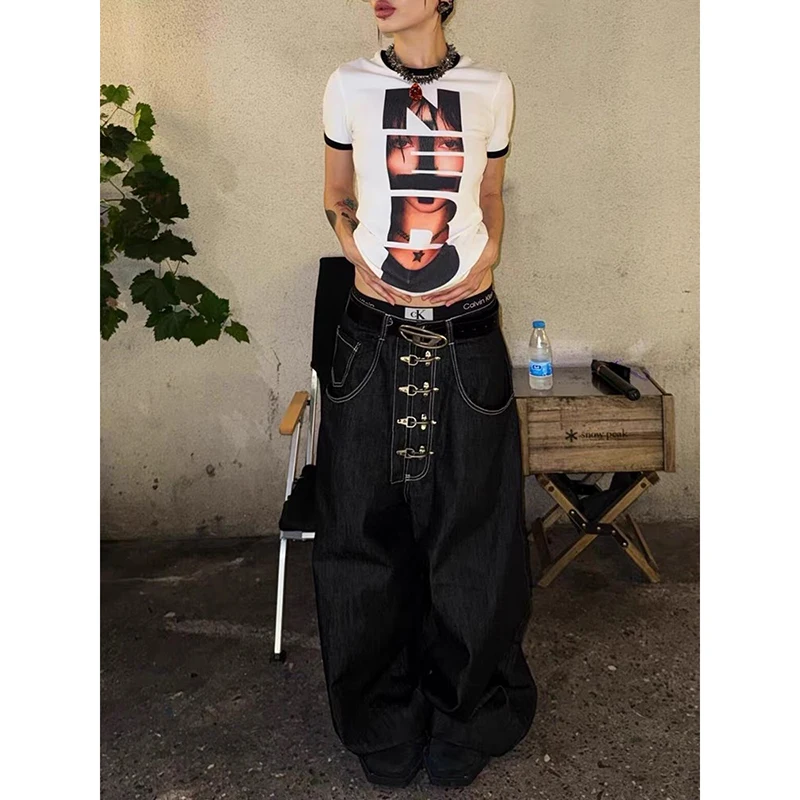 YIBASHU Women Metal Buckle Design Curved Wide-leg Jeans High Waist Baggy Denim Pants Female Vintage 2000s Street Style Trouser