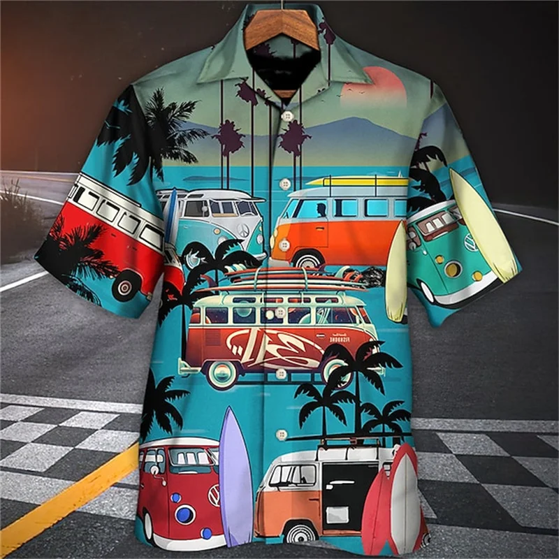 Men's Retro RV Printed Shirt Campsite Printed Shirts Men's Breathable Button Shirt Summer Lapel Shirt Men's Short Sleeved Shirts