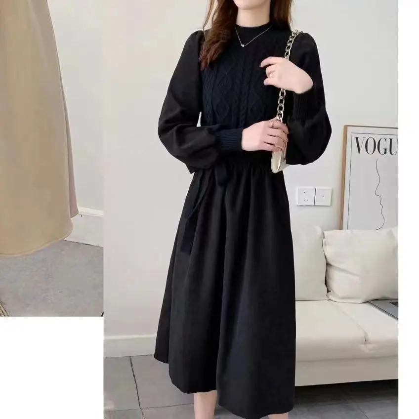 여성 패션 니트웨어 여성 의류 봄 가을 긴팔 A라인 풀오버 드레스 여성 니트 스웨터