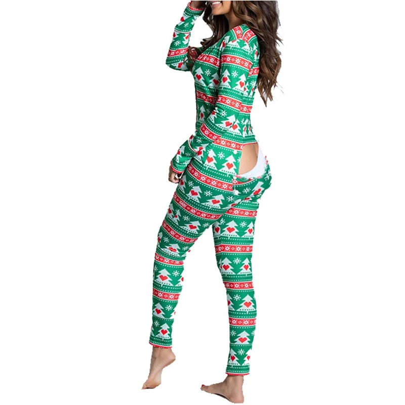 2023 Women Christmas Onesies Open Butt Flap For Adults Sexy Sleepwear Romper Pajamas Jumpsuit Xmas Sexy Cute Pyjama Long Nightie