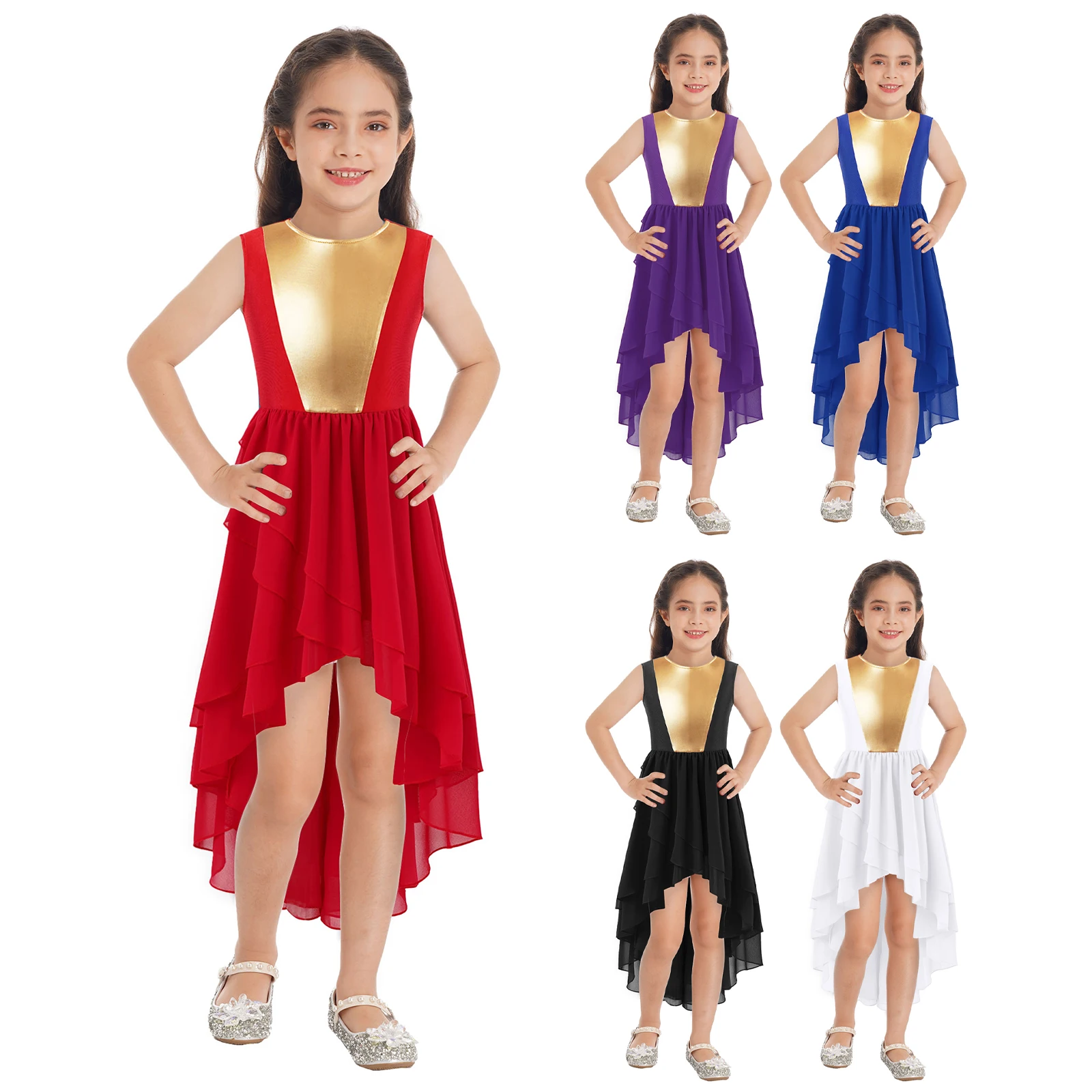 Meninas Metallic Patchwork Sem Mangas Roupas De Dança, Em Camadas Envolto, High-Low Hem, Louvor Dancewear, Crianças Vestido De Festa