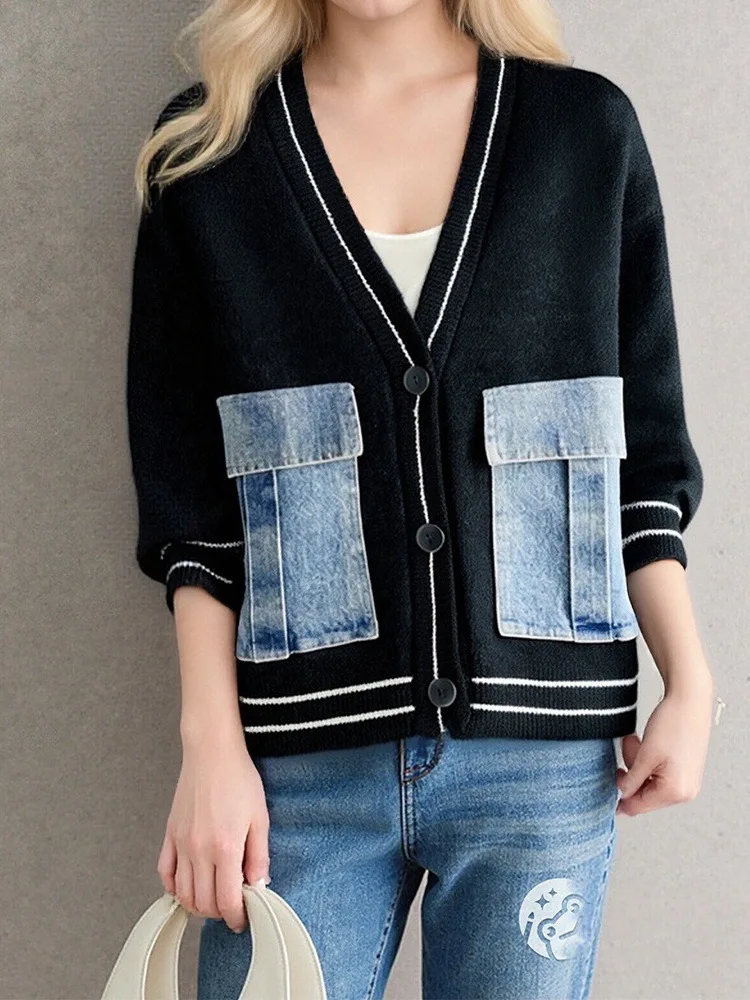 

Осень-зима, черный, бежевый лоскутный джинсовый кардиган, свитер, женский однобортный вязаный свитер с длинным рукавом и v-образным вырезом, повседневная мода