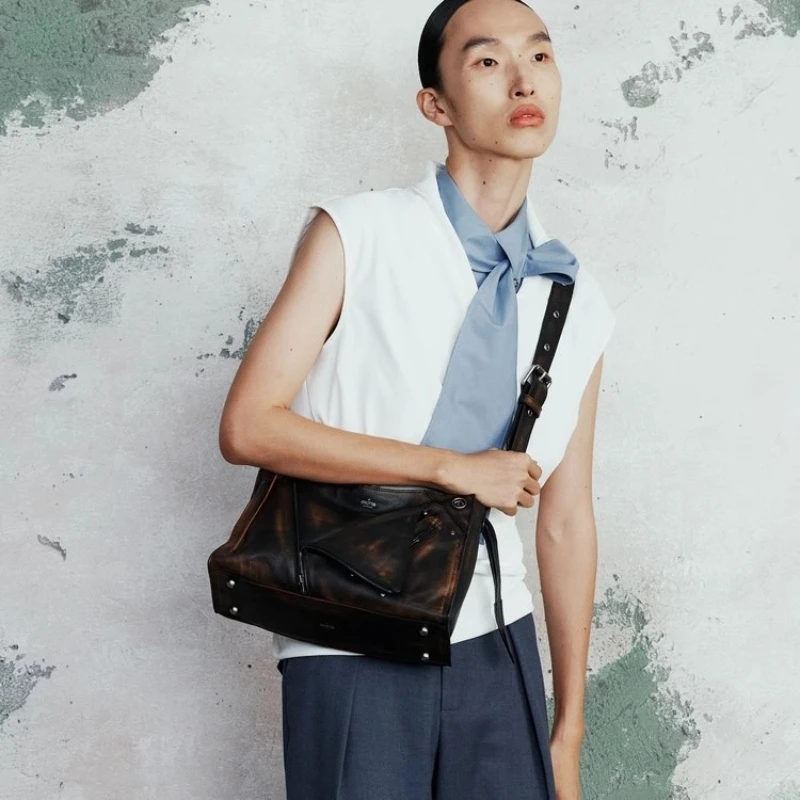 GROTTO 2025 Lapel Bag Smoked Wood Brown Retro Leather-Textured Large-Capacity Commuter Tote/Shoulder/Crossbody Bag