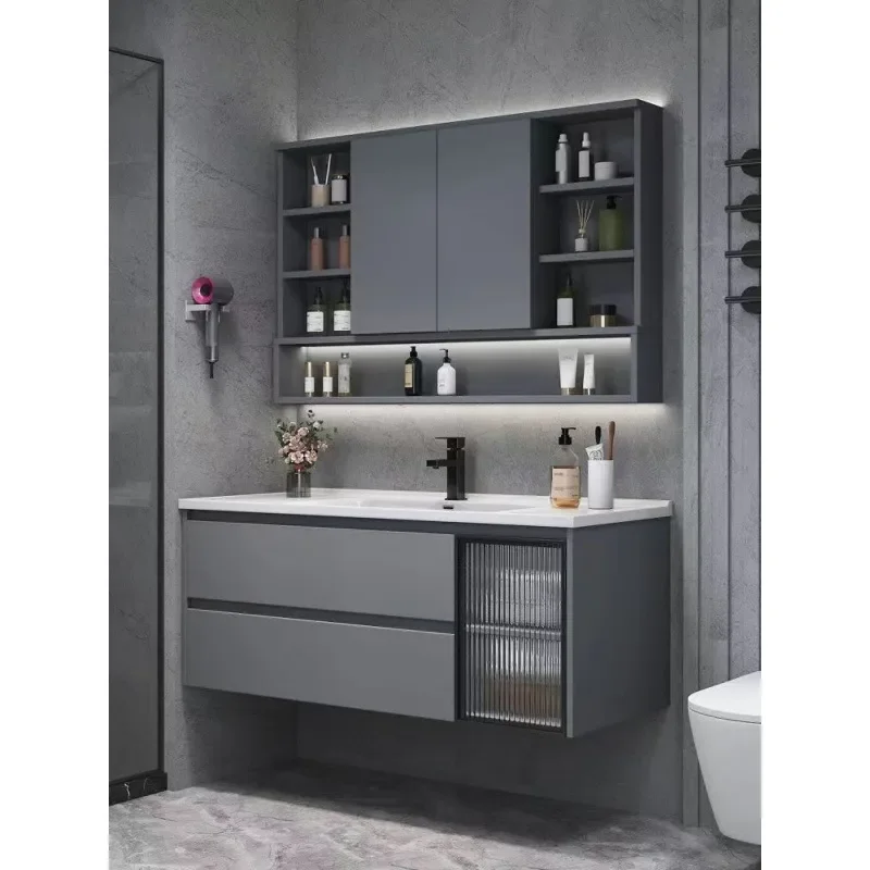 Concealed Mirror Folding Bathroom Cabinet with Ceramic Integrated Basin Wall Mounted Vanity Unit for Modern Washroom Storage