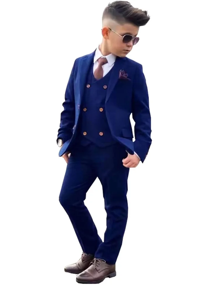 Traje de boda de un solo pecho para niño, Blazer con solapa de muesca, chaleco y pantalones, traje elegante, conjunto de esmoquin para fiesta de 2 a 18 años