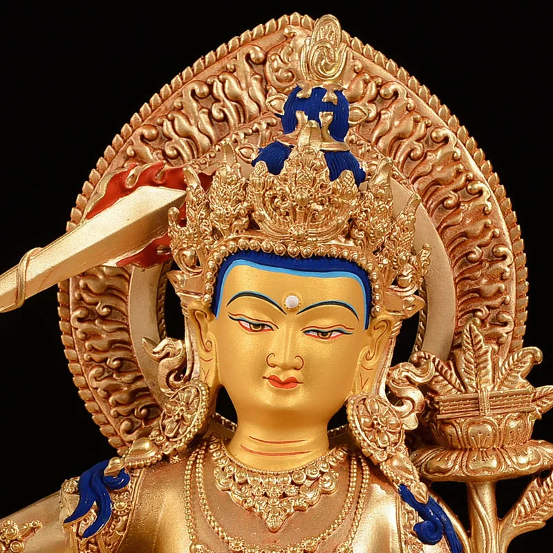 Manjushri Fully Gilt in Gold, Tibetan Style Worship Ornament, Wisdom Bodhisattva Bronze Statue