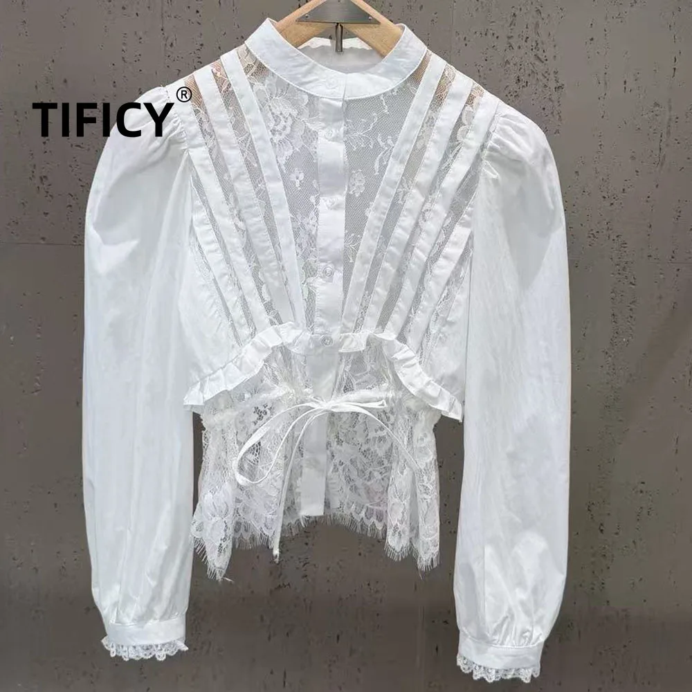 High Street Shirts Women's Autumn New White Lace Lace Women's Long Sleeve Black Fungus Edge Waist Shirt Top