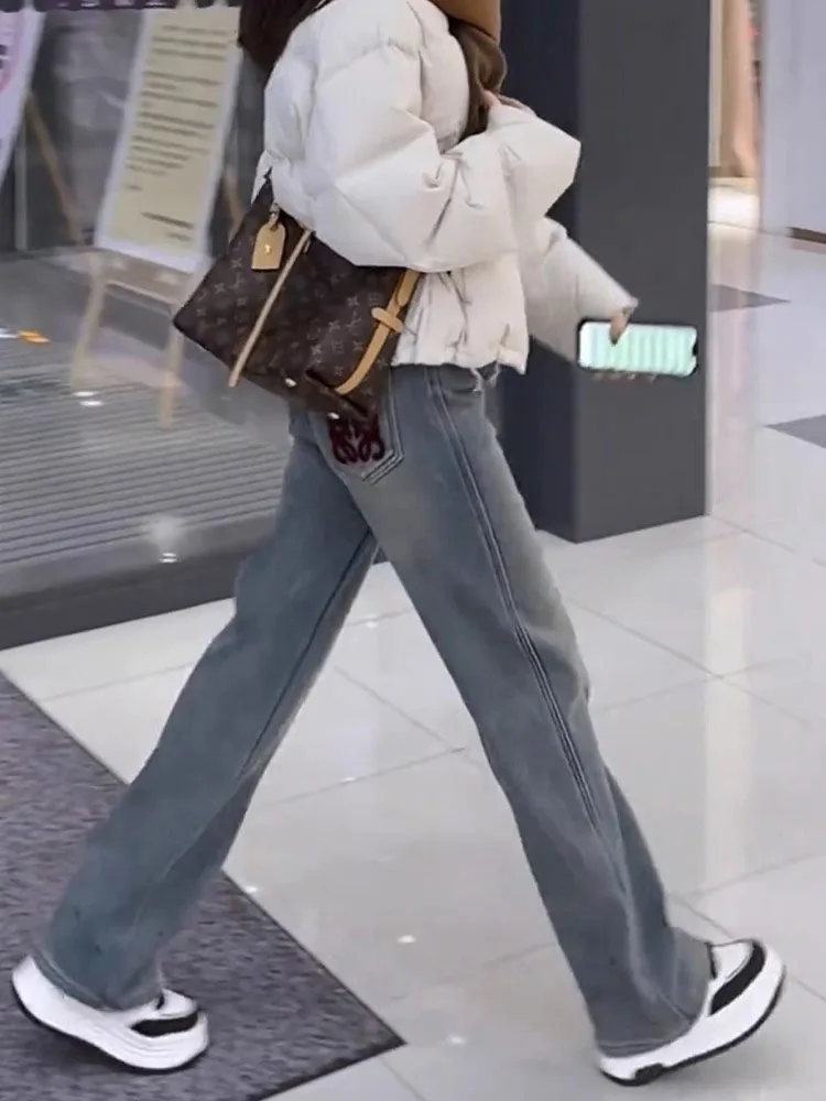 

Женские джинсы больших размеров с флисовой подкладкой, утепленные, прямого кроя, с высокой талией, широкие штанины, зимний городской стиль, машинная вышивка