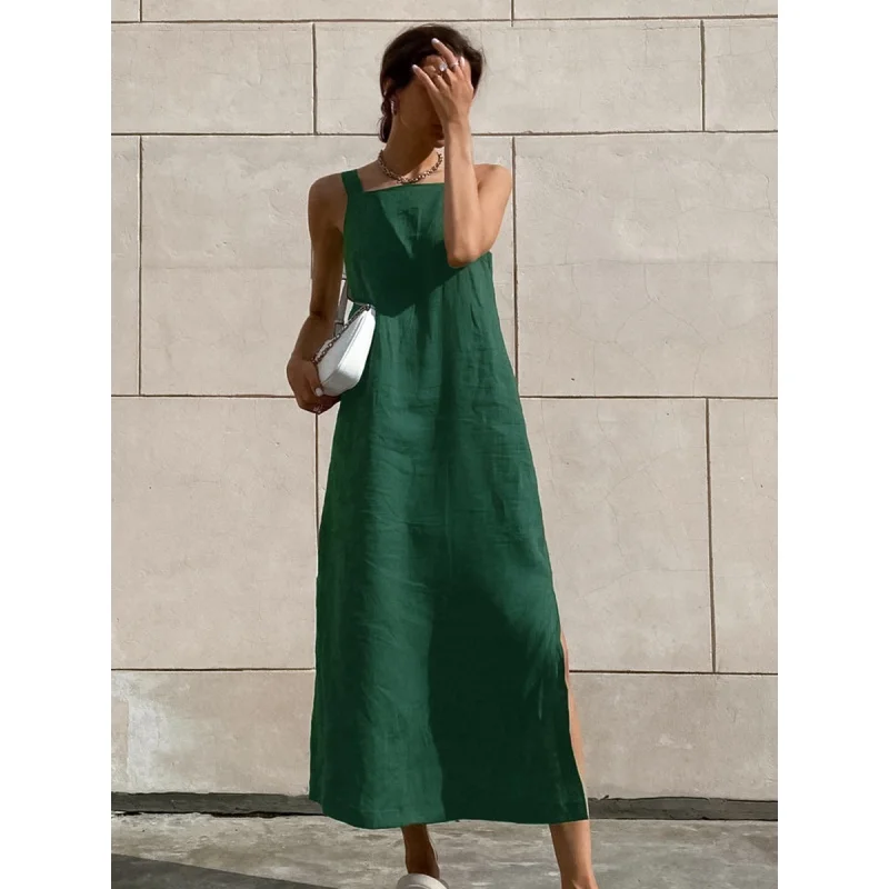 

2024 Summer New French Style Cotton Linen Vest Dress Women's Holiday Casual Green Split Sling Long Dress Women's Fengsb