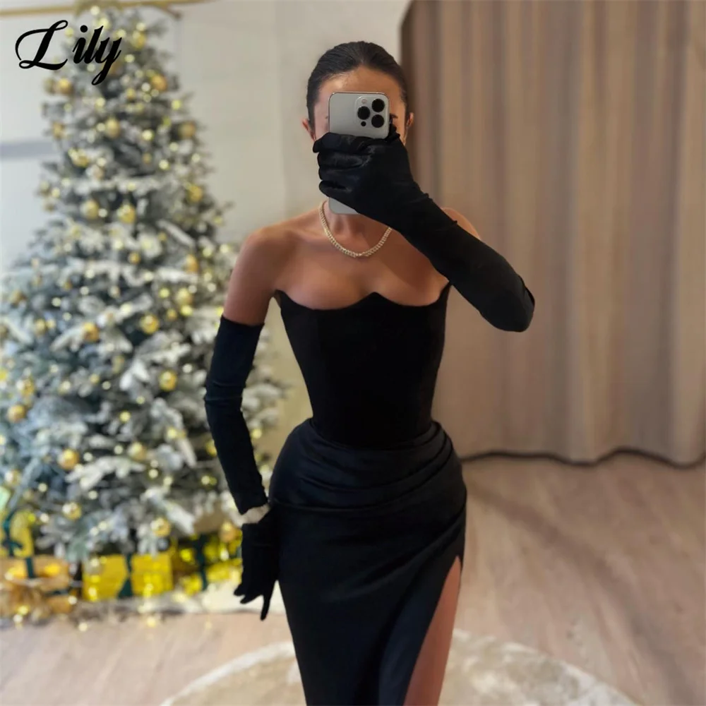 Lily Black Evening Dress Sweetheart Off The Shoulder Party Dress With Gloves Wrap Hip Satin프롬드레스 Sexy Side Split Prom Dress