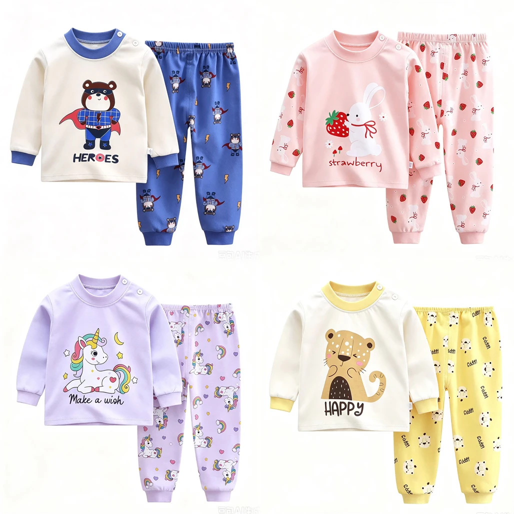 Frühlings- und Herbstkleidung für Kleinkinder, 2-teiliger Cartoon-Pyjama mit Allover-Print, Basis-Shirt + Hose, Niedliche Heimkleidung für Babys, Jungen und Mädchen – Detail 1