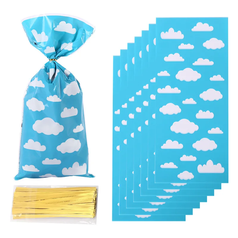 50pcs Blue Sky White Clouds Gift Bags Blue Plastic Candy Biscuit Bag Wedding Birthday Party Children's Day Baby Shower Decor