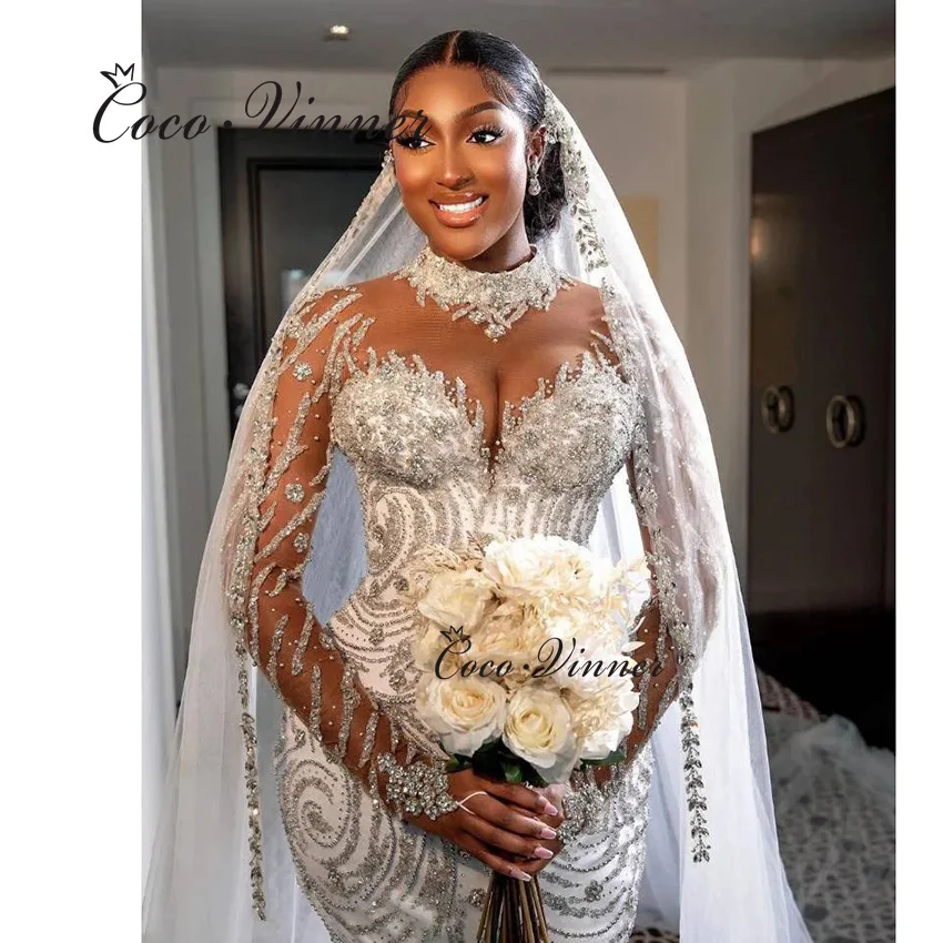 

Customized High Neck Africa Luxury Mermaid Wedding Dress For Brides Long Sleeves Beaded Lace Quality America Wedding Dress W1420