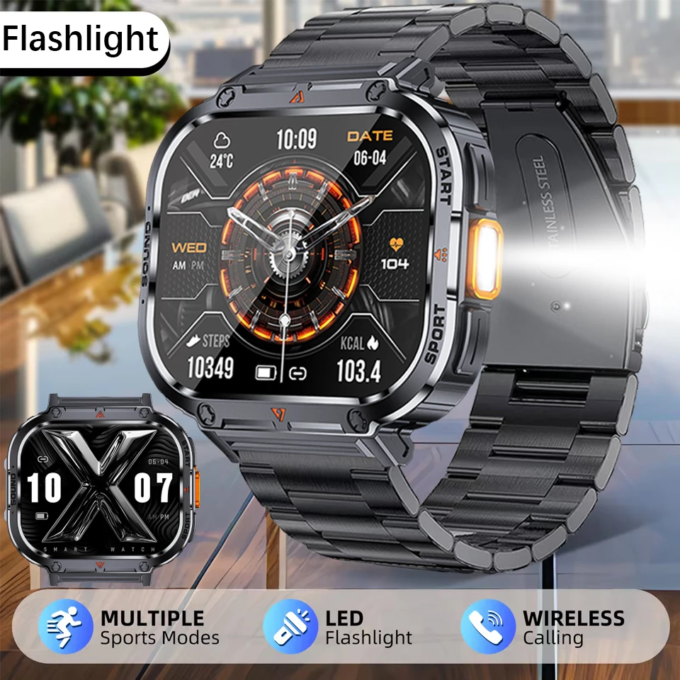 

2025 Новые Смарт-часы со светодиодной подсветкой, фонарик IP68, водонепроницаемый BT Calling AI Voice, 400 мАч, мужские фитнес-спортивные GPS-трекеры, умные часы