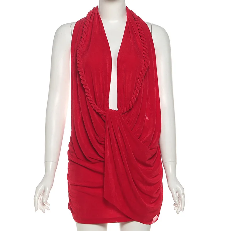 Mini robe d'été Sexy pour femmes, dos nu, col licou, Y2K, tenue moulante, froncée, col en V, sans manches, robes de soirée, boîte d'hiver, cadeau