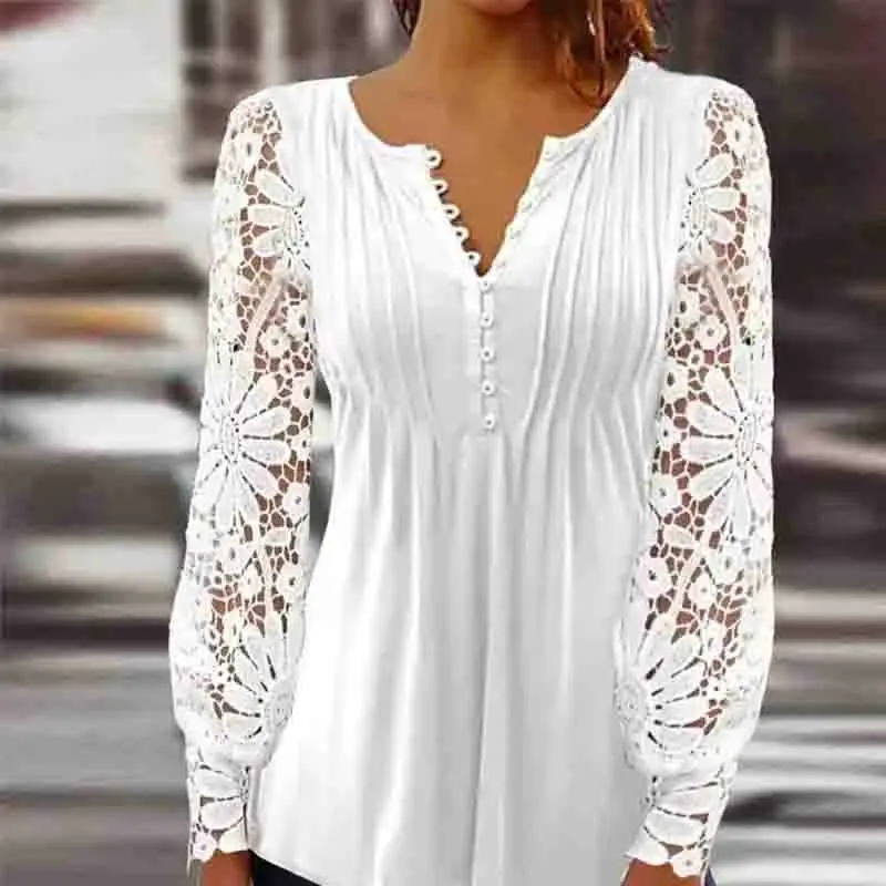 New Fashion V Neck Floral Women\'s Shirts with Lace Long Sleeve White Women Blouse Elegant Woman Tops Office Lady Clothes