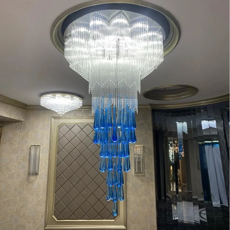 Modern Large Blue Teardrop Crystal Pendant Lamp Chandelier Ceiling Light Adjustable Height Luster for Hotel Villa Lobby Decor