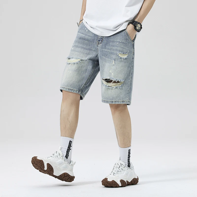 

Premium Destroyed Denim Shorts for Men - High-End Streetwear Fashion Washed Splatter Paint Distressed Mid-Length Shorts Jeans