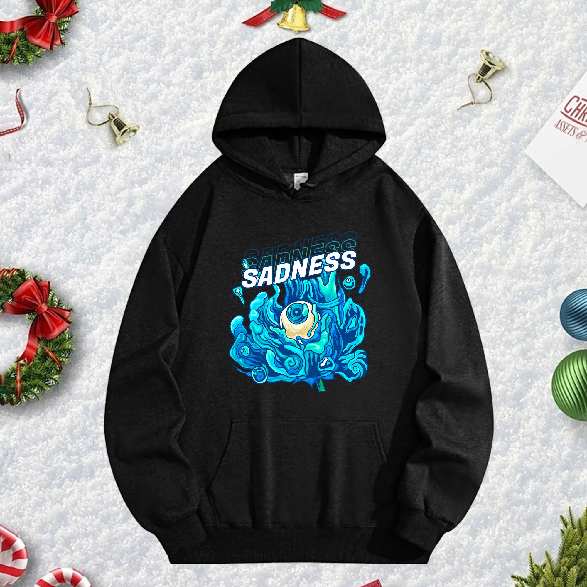 

SADNESS Tears 270G Черная толстовка унисекс, зимний пуловер из мягкого флиса для рождественского сезона и новогоднего праздничного стиля