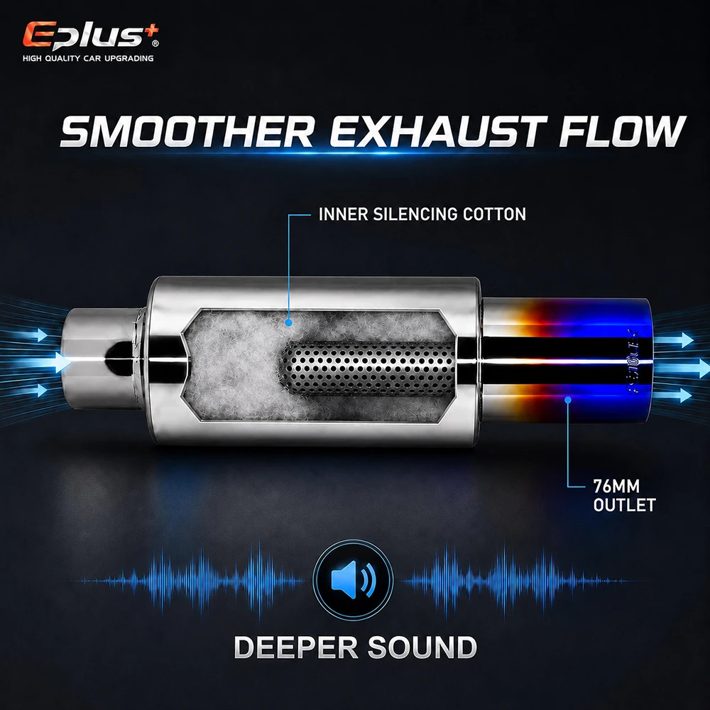 EPLUS Universeller Auto-Auspuff-Schalldämpfer aus Edelstahl mit gerader Schnittspitze, Auto-Auspuff-Resonator, Einlass 51/57/63mm, Auslass 76MM – Detail 9