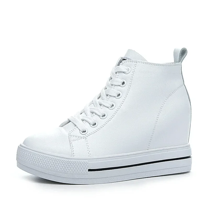 2026 Genuine Leather Shoes New Autumn Winter Lace-up High-top Women Sneaker Shoes High Heels Increase Within Wedges Casual Shoes