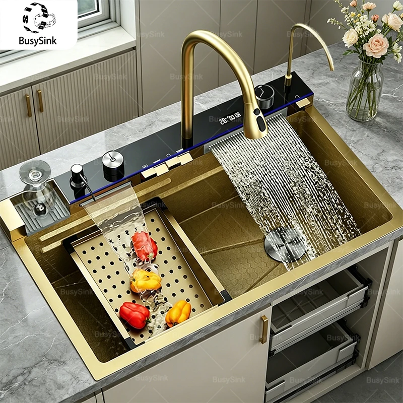 

Stainless Steel Kitchen Sink Multifunctional Waterfall Digital Display Faucet Large Single Slot Wash Dish Bowl Undermount Basin