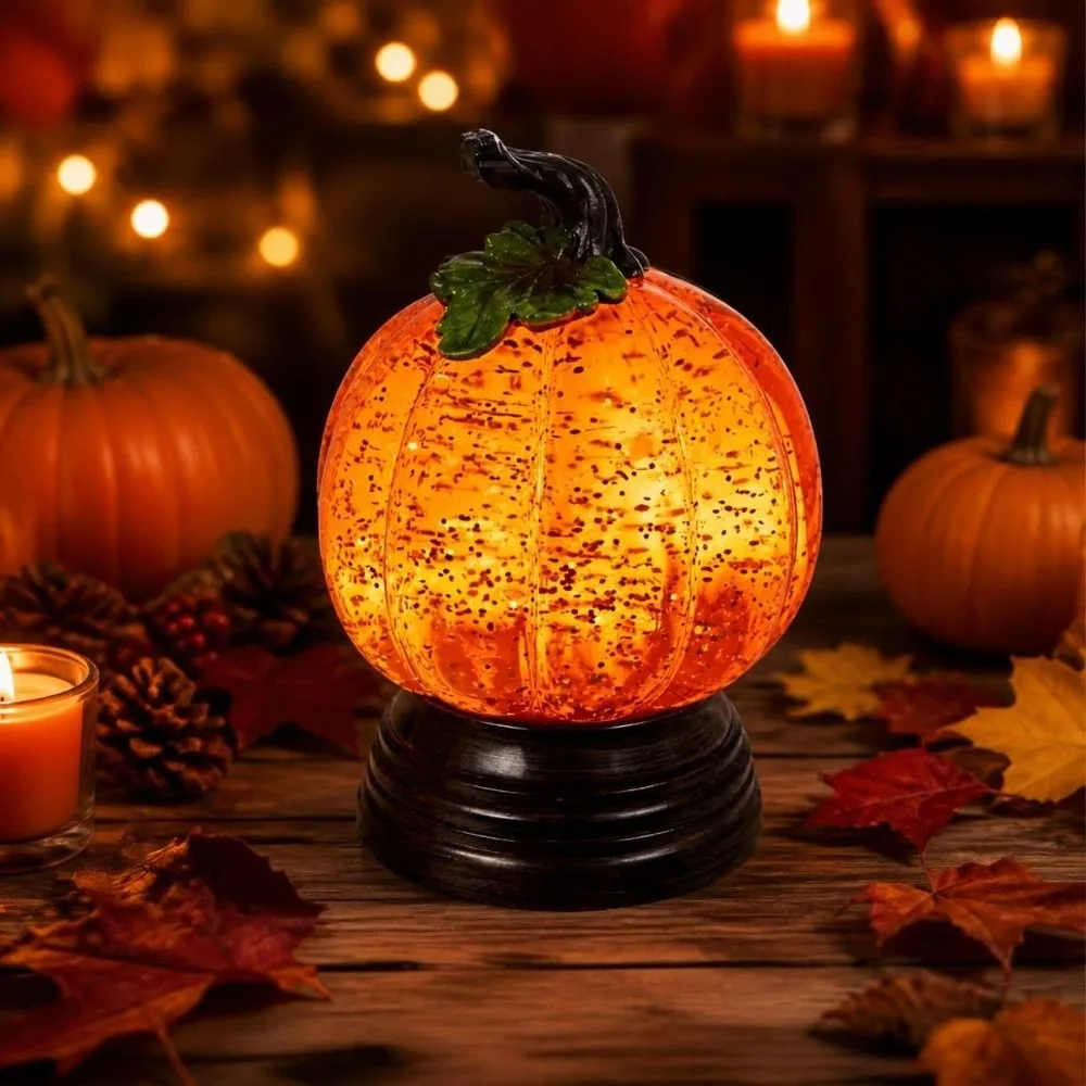 Resin Glitter Pumpkin Table Lamp Creative Retro Glowing Pumpkin Decorative Light Stable Base Vintage Halloween Ornaments