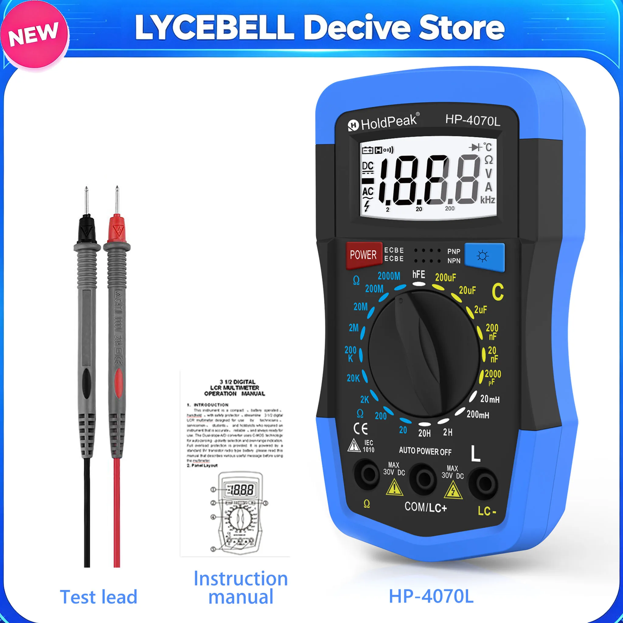3 1/2 Digital LCR Multimeter Handheld Capacitance Resistance Inductance Tester Backlight LCD Transistor Overload Protection