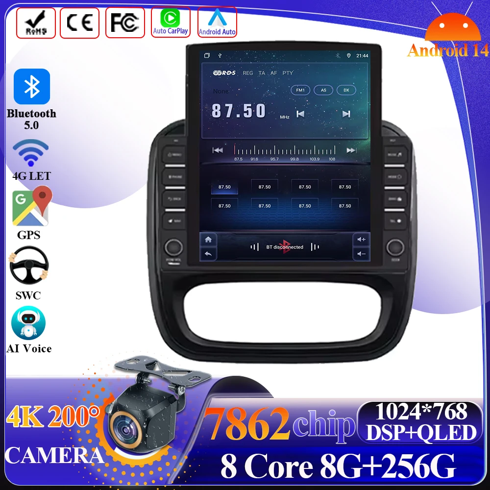 

9.7" Android14 For Renault Trafic 3 14-21 For Opel Vivaro B Vertical Tesla StyleScreen Car Radio GPS Playe Navigation Multimedia