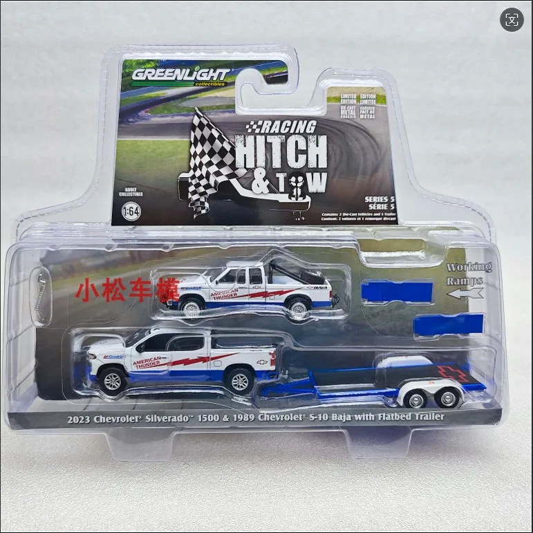 

GreenLight 1:64 2023 Silverado 1500 And 1989 S-10 Baja American Thunder&flatbed Trailer Alloy Car Model Market Ornament Collecti