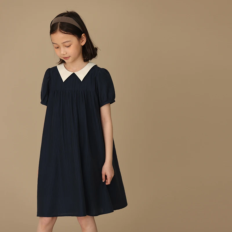 

Kids Clothing Summer Girl Black Dress Peter Pan Collar Dress 2024 New Skirt Preppy Style A-line Dress