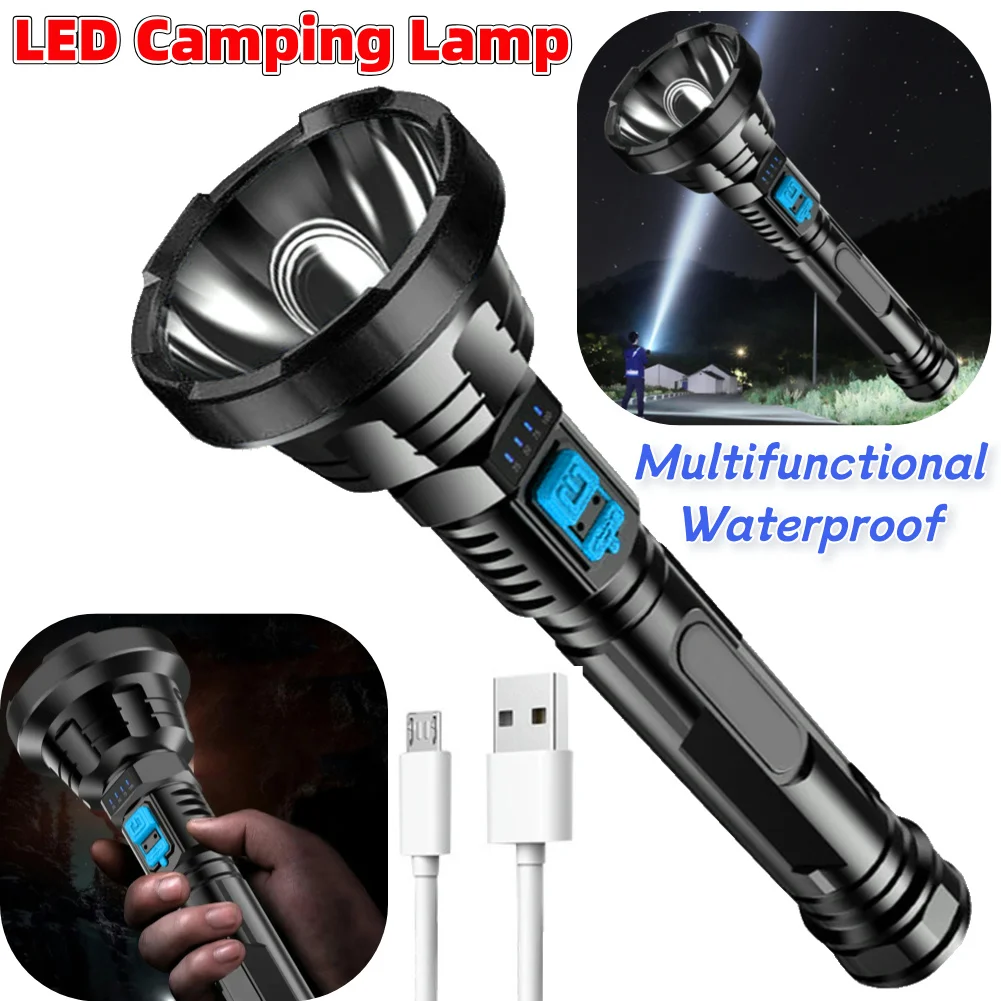 LED Flashlight Searchlight Multifunctional Waterproof Camping Lamp Dimmable Service Work Light Power Display Outdoor Accessories