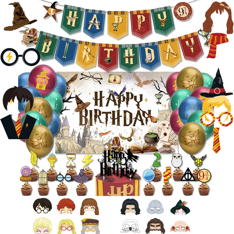 New Harry Potter Birthday Party Supply Disposable Banner Cake Topper Hanging Flag Set Birthday Decoration harry mask cosplay