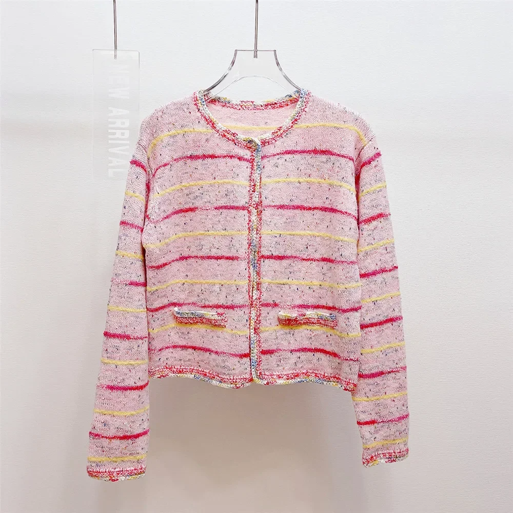 European Goods Round Neck Western Sle Stripe Temperament Pink Graceful Knitted Outerwear Cardigan Vest Shorts Set Women