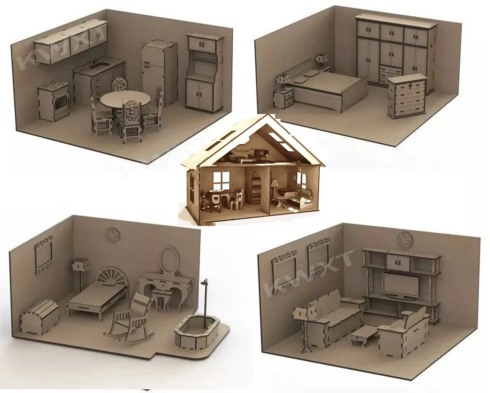 10 kid Doll House Funiture Puzzle Designs Laser Cut Drawing Vector Wooden Toy DIY Template File DXF Format Download