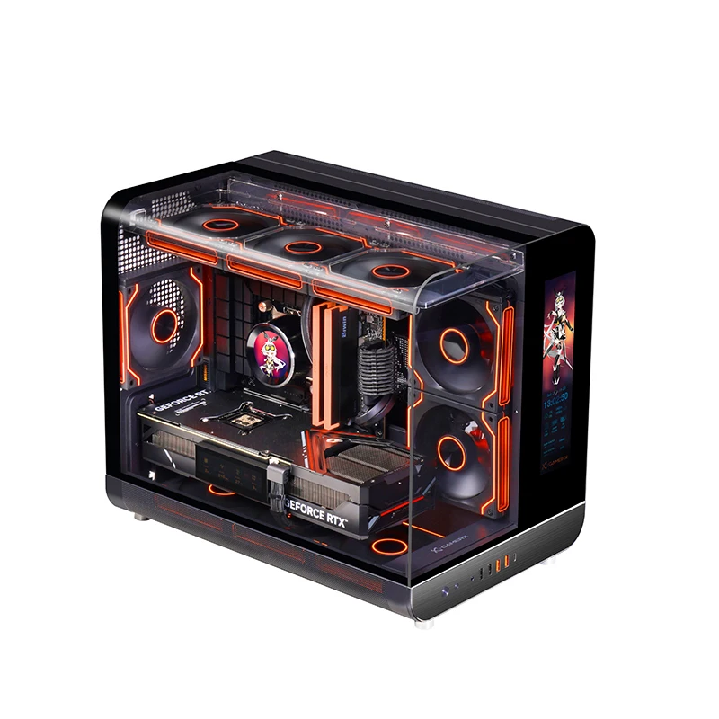 X-GAMERX HUANYI WING MATX Seaview-Raumgehäuse, vertikaler Desktop-Computer, 360-Grad-wassergekühltes Gehäuse, Typ-C-Schnittstelle mit Bildschirm