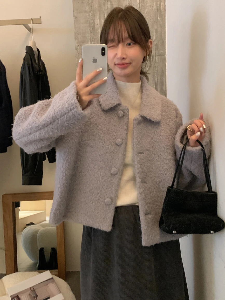 الكورية Sle الحلو لطيف رقيق ort ملابس خارجية المرأة 2025 بدوره إلى أسفل طوق زر واحد صغير Fraance Sle سترة مفتوحة