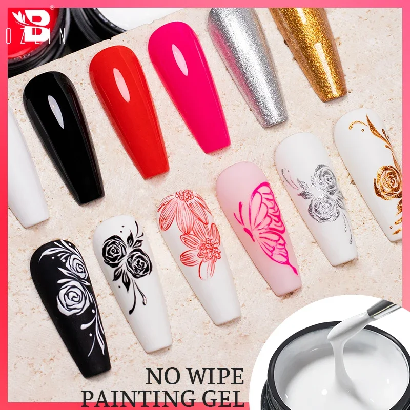 BOZLIN 5ml 4 In 1 No Wipe Painting Gel Varnish Black White Color Painting Liner Nail Art Glitter UV Gel Top Coat Manicure Polish