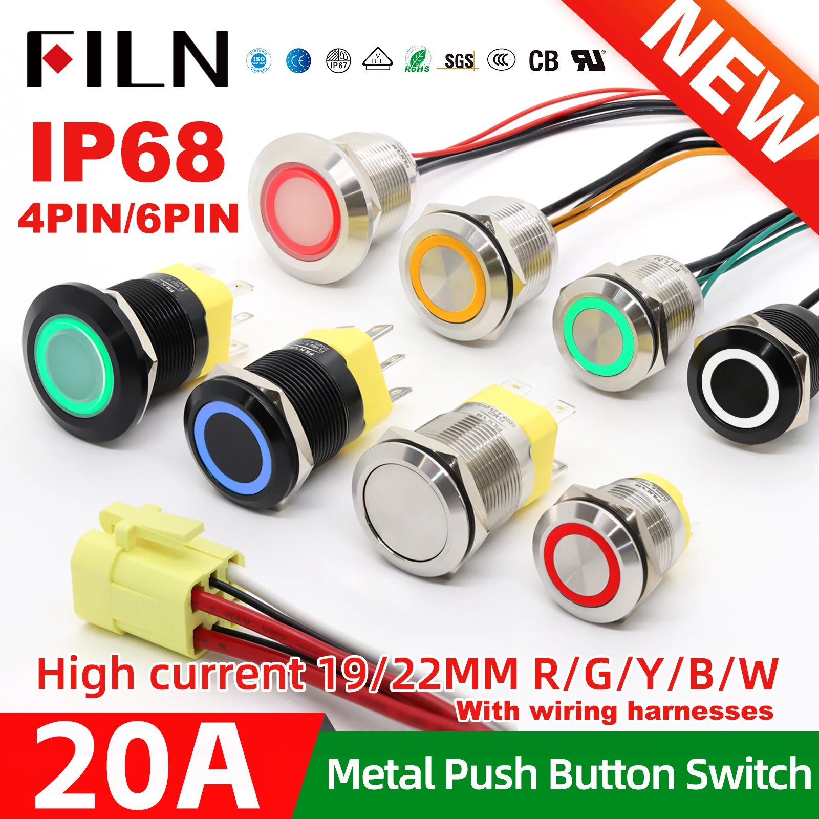 FILN 19mm 22mm 20A IP68 Waterproof High Current Push Button Switch 12V 24V 110V 220V Stainless Steel  with 20cm Wire