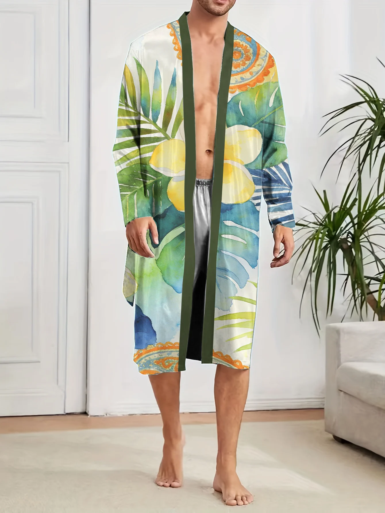 Men's 3D Digital Printed Spring Autumn Thin Skin Friendly Home Pajamas and Bathrobes，men's Nightgowns Dry Quickly Without Fading