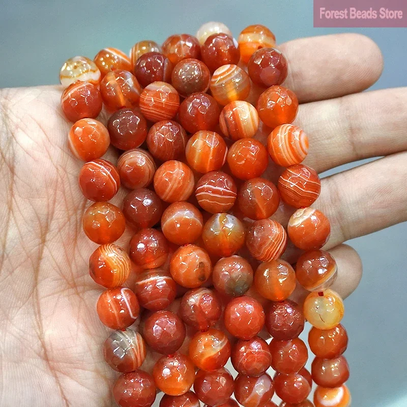 Natural Faceted Red Striated Agates Onyx Beads Round Loose Beads For Jewelry Making DIY Bracelet Earrings 15'' 4/6/8/10/12mm