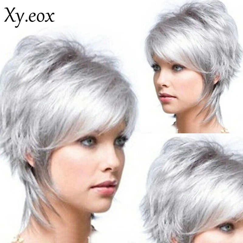 Women Short Silver Gray Grey Hair Synthetic Natural Full Wig Heat Resistant