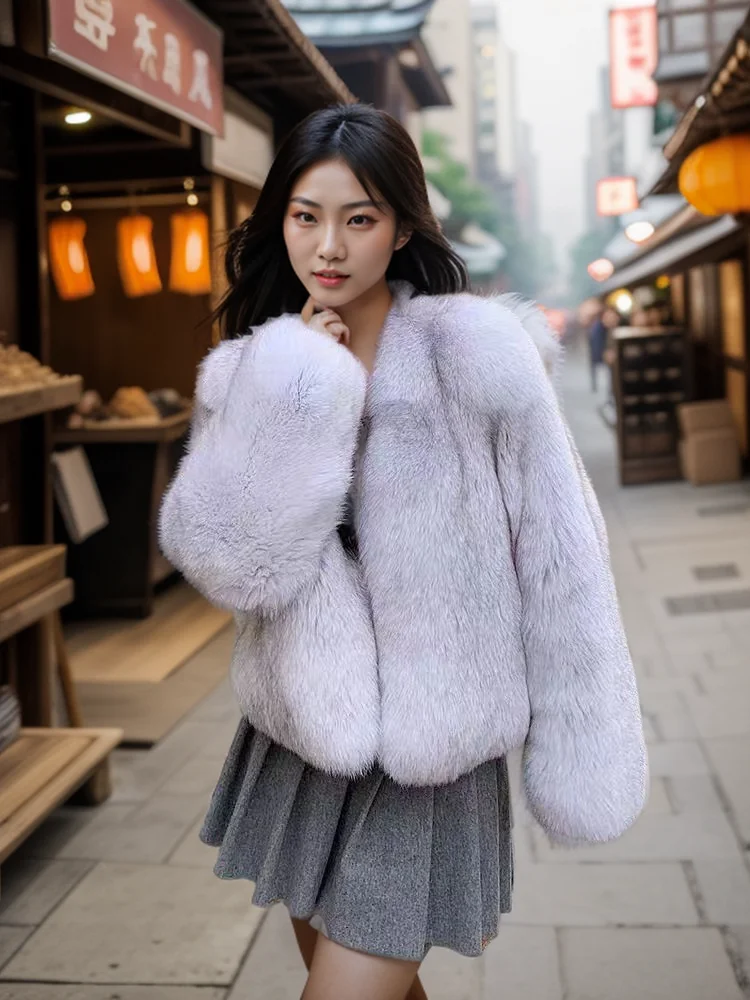 Winter warm whole leather fox fur coat V-neck fashion light luxury blue fox natural color fur genuine fur coat