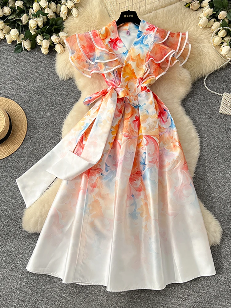 

French Party Dress Women European American Fashion V-neck Ruffle Sleeves Cinched Waist Printed Large Swing Fluffy Dress C193