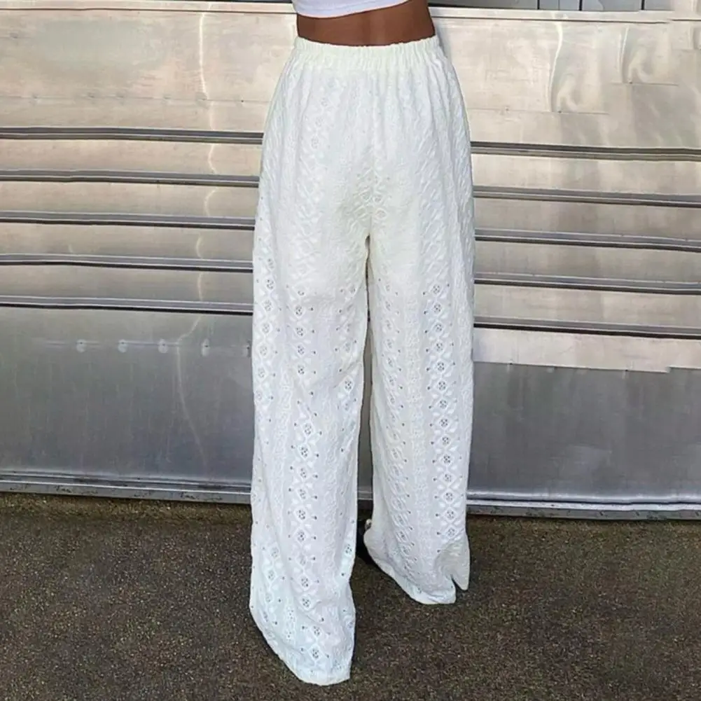 

Pants Women’s High Waist Wide Leg Pants Elastic Trousers with Hollow Embroidery Pure Color Lined Wear Bottoms Loose Fit Women