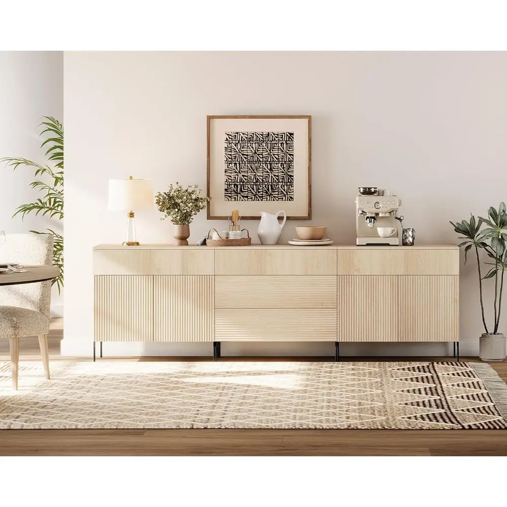 94.5 Beige Large Sideboard Buffet Cabinet with 5 Drawers, 4 Doors, and 3-in-1 Storage for Dining or Living Room