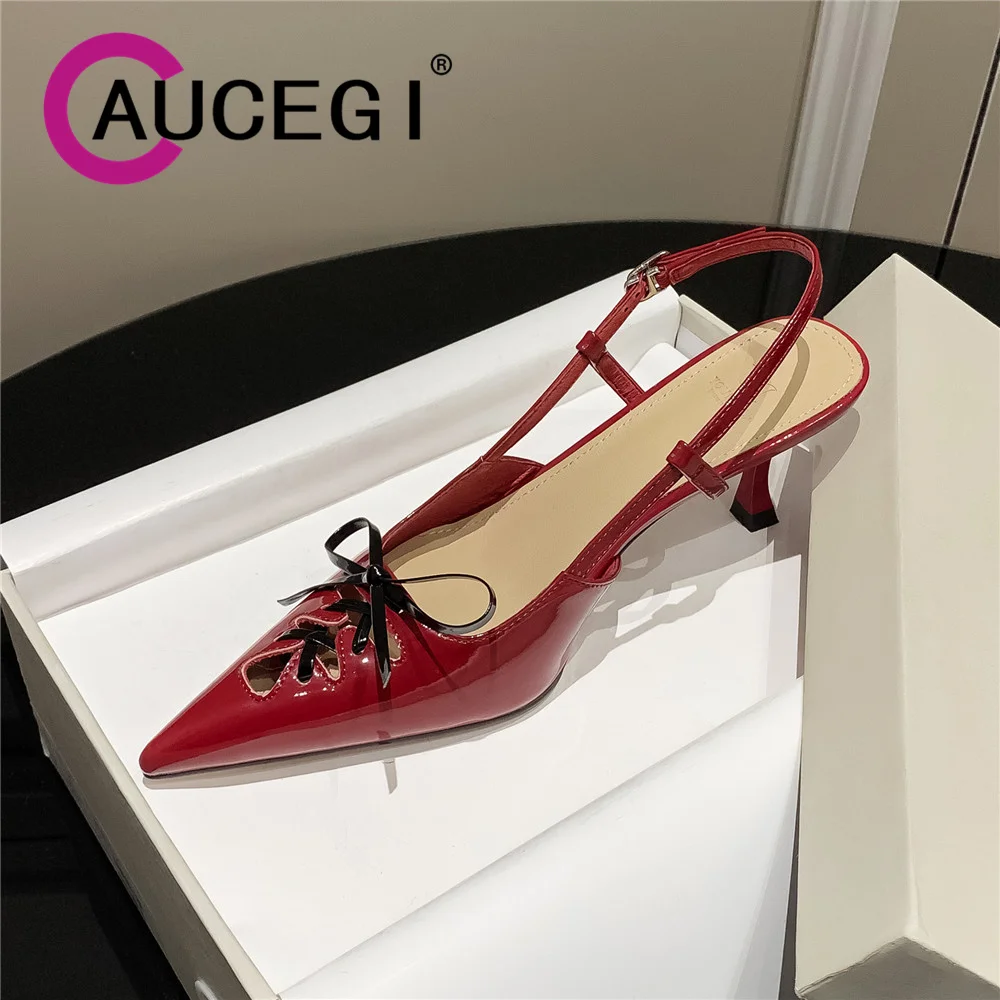 

Aucegi Women Sexy Pointed Toe Genuine Leather Slingback Sandals Fashion New Luxury Medium Thin Heel Buckle Dress Dancing Shoes